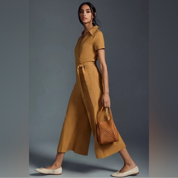 NWT Anthropologie Maeve Faux Wrap Culotte Jumpsuit in Honey - Size 8 - Picture 3 of 5